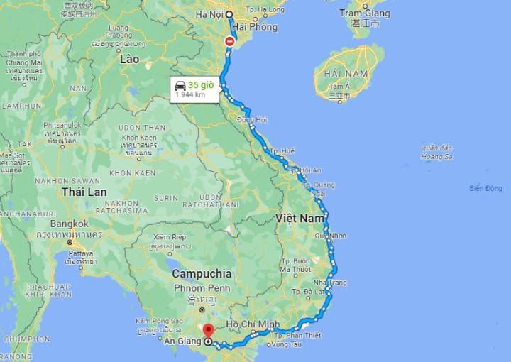 Khoảng cách từ Hà Nội đến An Giang theo số liệu Google Maps