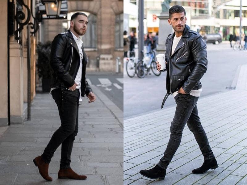 Phối áo khoác da cùng quần jean và chelsea boot