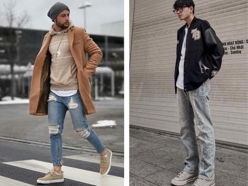 Phối áo jacket, quần jean và giày sneaker