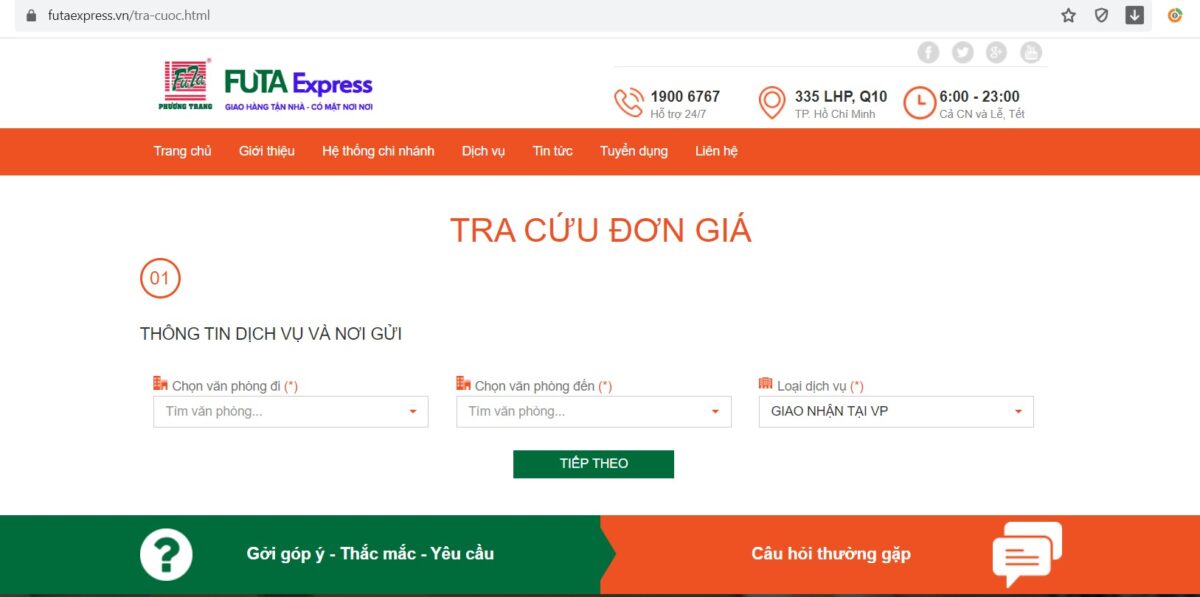 Chọn mục "tra cứu đơn giá" trên website