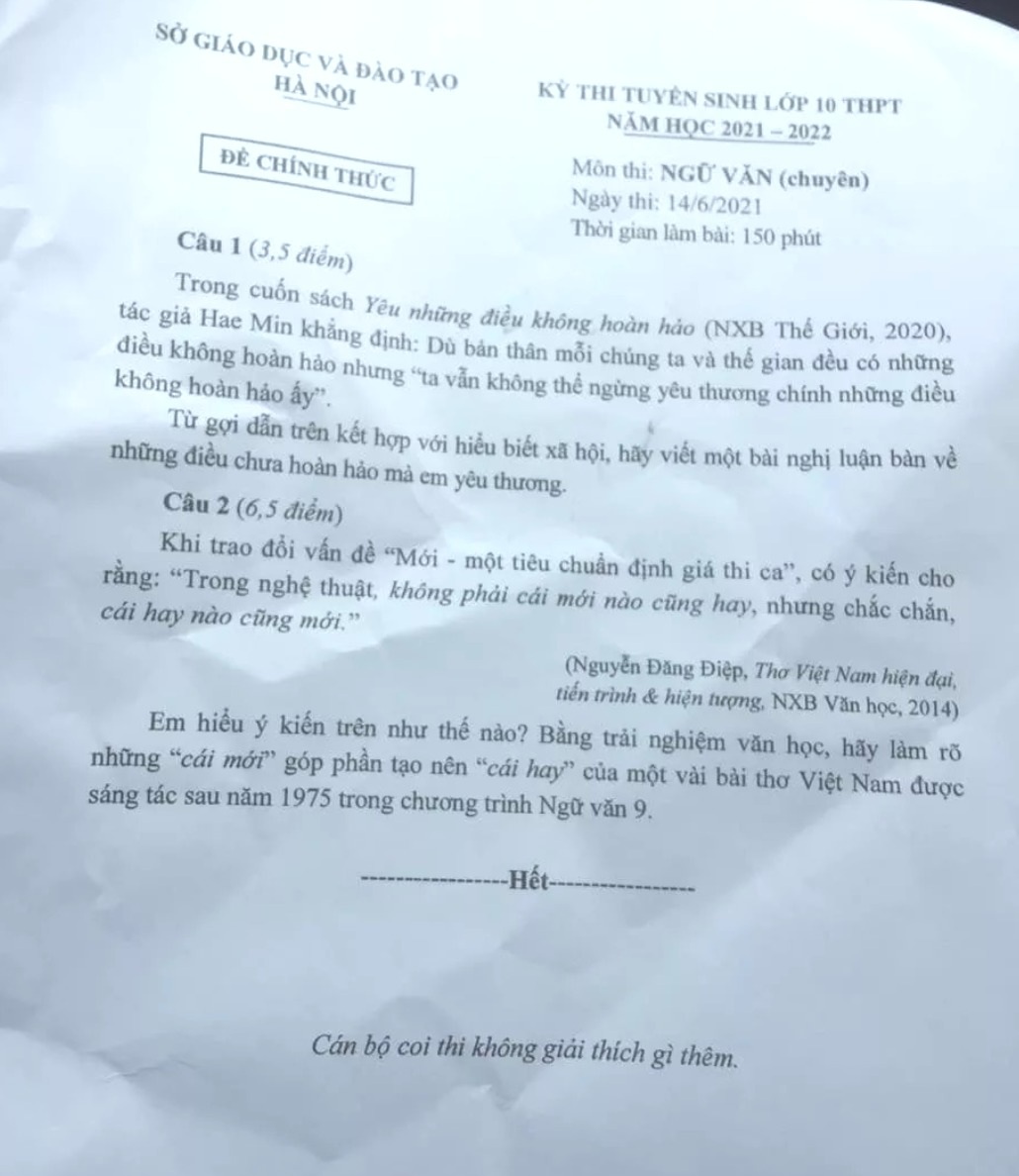 Đề thi môn Ngữ Văn vào các trường chuyên lớp 10 của Hà Nội sáng nay 14/6.