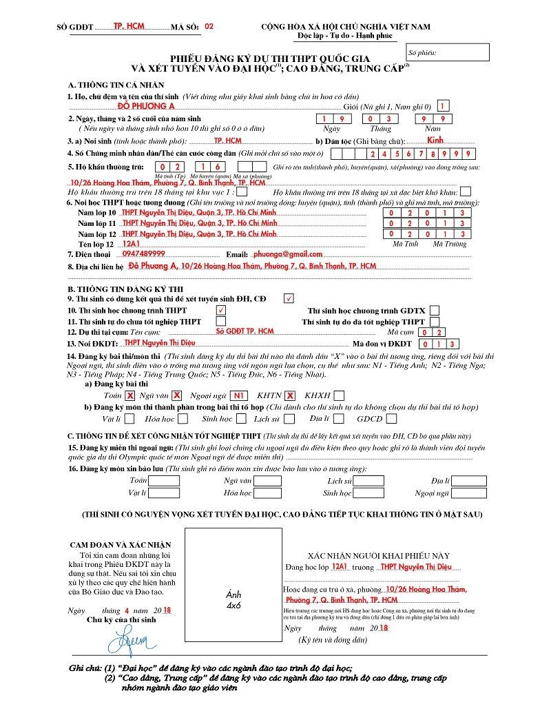 Mẫu phiếu đăng ký thi THPT quốc gia 2018