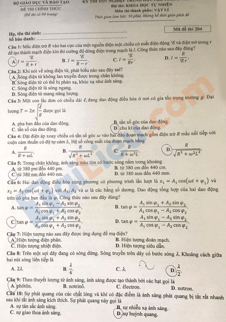 Đề thi Lý THPT Quốc gia 2021 - Mã đề 204